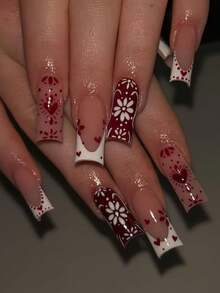 24 móng tay giả hình trái tim đỏ và hoa, thích hợp cho bé gái và phụ nữ, lý tưởng cho ngày lễ tình nhân, các dịp mùa thu/đông, bao gồm gel thạch và dũa móng - Nhiều màu - Xem 1