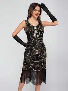 فستان مرصع بالترتر طراز 1920 أوروبي وأمريكي، فستان كرة فاخر مزين بالخرز والشراريب، فستان عبر الحدود