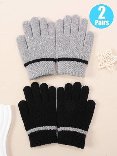 2 Pairs Kids Knitted Warm Gloves, Windproof And Cold-Proof Outdoor Cycling Jacquard Gloves