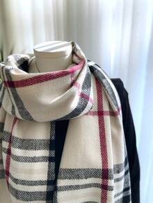 1件女士米色格子流苏围巾，优雅时尚仿羊绒披肩，防风保暖，适合户外活动，秋冬季搭配连衣裙 - 米色 - 查看 2