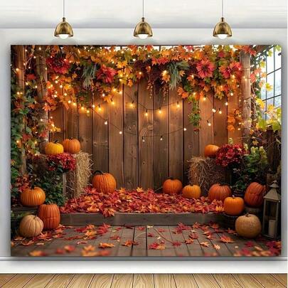 Fondo fotográfico de calabaza de otoño y hojas de arce - Decoración de fondo de fotografía de cosecha de Acción de Gracias - Pancarta de accesorios para fiesta de cumpleaños - Multiusos para uso en interiores, jardín y exteriores - No se requiere electricidad