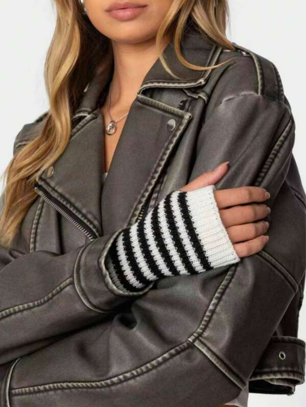 1pair Striped Knitted Gloves,Elbow-Length Sleeve Warmers, Christmas Gift Cold Gloves Y2k Valentines