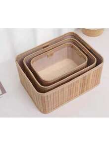 3 Pieces/Set Bamboo Woven Storage Baskets - Desktop Storage, Cosmetic Woven Storage Boxes, Bamboo Woven Storage For Toys & Snacks, Kitchen Storage, Bedroom Decoration, Home Decoration (Handmade Woven Products, With Color Difference, Raw Edges And Joints)