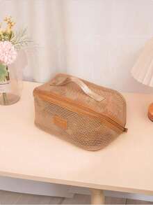 1pc Nylon Mesh Cosmetic Bag, Travel Cosmetic Storage Bag, Breathable Toiletries Storage Bag, Macaron Color Storage Bag, Stationery Storage Bag, Large-Capacity Travel Cosmetic Bag, Convenient Handbag, Suitable For Storing Toiletries, Electronic Data Cables, Makeup Brushes And Tools, Multi-Functional Storage Bag, Home Storage Necessities, Vacation Travel Necessities, Dormitory Necessities.