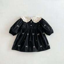 Girls Dress Autumn Lapel Retro Embroidery Baby Girl Princess Spring And Autumn Skirt - 黑色 - 查看 4