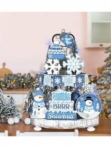 Conjunto de 14 peças de decoração de bandeja em camadas para inverno, conjunto de decorações de bandeja em camadas com boneco de neve, floco de neve, placas de madeira rústicas azuis, peças centrais de mesa para festa de inverno, decoração de centro de mesa para festa de Natal, decoração de casa de Natal - Multicolorido - Ver 5