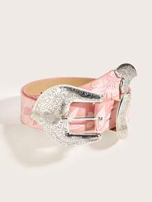 1 Pc Women's Vintage All-Match Versatile Western Style Engraved Cow & Leopard Print 3 PiecesBelt Set - Pink - View 11