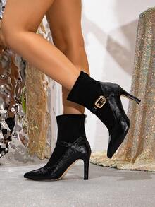 Black Sexy Retro American Classic Boots For Women, 2025 Autumn/Winter New Pointed Toe Warm Lining Boots, Slim Stiletto Soft Leather Slimming Elegant High Heel Ankle Boots, Fashion Versatile One-Buckle Strap Back Zipper