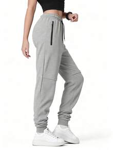 Women'S Solid Color Pocket Zipper Casual Loose Pants, Versatile For Daily Wear, Hiking, Running, Cycling, Autumn/Winter Tights