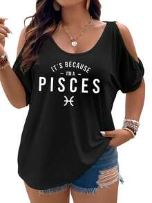 It's Because I'm A Pisces Women Cold Shoulder Tops Summer Short Sleeve Shirt Plus Size - 黑色 - 查看 1