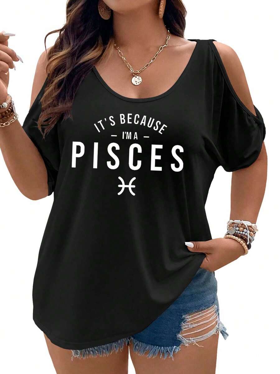 It's Because I'm A Pisces Women Cold Shoulder Tops Summer Short Sleeve Shirt Plus Size - 黑色 - 查看 1
