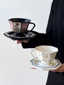 1套法国复古花卉藤蔓陶瓷咖啡杯碟，家用水/下午茶杯碟，节日礼物杯碟 - 彩色 - 查看 9