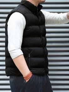 Men's Thick & Warm Quilted Padded Gilet Vest Winter Outwear, For Fall - Black - View 12