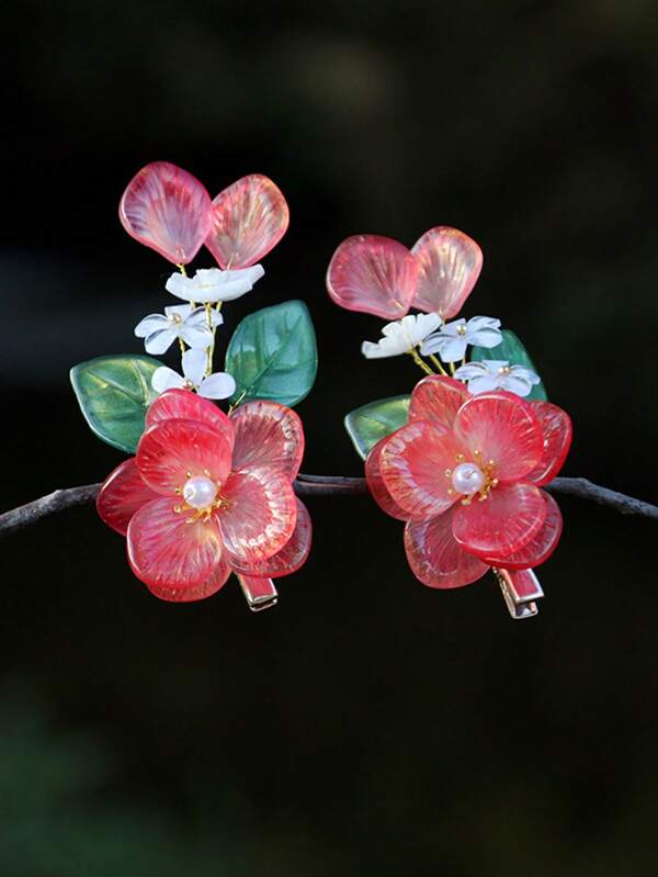 1pc/2pcs Vintage Chinese Style Red Lotus Flower Hair Comb, Metal Flower Decor Side Comb, 10cm Length, Light Pink Like Crystal, Popular Among Netizens, Suitable For Spring, Summer, Autumn, Winter, Won't Damage Hair Or Scalp, Fashionable Minimalist Faux Pearl Decor Hair Clip, Claw Clip, Hair Accessory