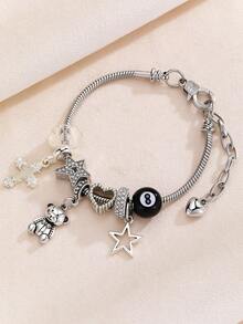 1 件黑色 8 号台球手链、1 件夜光十字架手链、1 件复古街头风格星形手链、1 件复古迷你熊心星形手链 - 彩色 - 查看 3