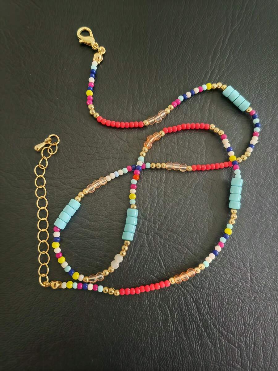 1 pieza Collar de cuentas colorido de dopamina, collar gargantilla bohemio hecho a mano de cuentas de semilla, collar gargantilla versátil para niñas (color de cuentas aleatorio)