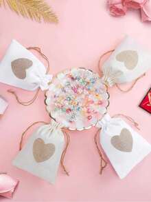 10 buc - Pungi de pânză de sac, pungă de cadou din in cu șnur și imprimeu cu inimă, mini pungă de cadou pentru bijuterii cu șnur, perfectă pentru nuntă, pungă de cadou pentru domnișoare de onoare, petrecere, ziua de naștere, Halloween, Ziua Recunoștinței, cadouri pentru petreceri de Crăciun