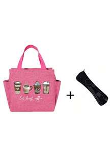 A Thermal Lunch Bag With Four Cups Of Black Coffee And A Heart, Leopard Print Pattern Printed On It,Insulated Bag With The "Lut Furst Caffee" Pattern Paired With A Black Cutlery Storage Bag