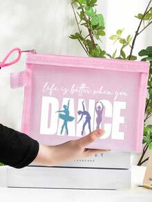 Mesh Cosmetic Bag With Dance Theme Pattern,Red Air Cushion Storage Portable Storage Bag,With The Letters "Dance" And Creative Patterns Of Dancing Girls,Makeup Bag, Skincare Bag, Travel Essentials, Dormitory Supplies, Gift For Women,Gift For Dance,Wedding Bride Gifts, Mother Gifts, Birthday Gifts,Dancers, Girls, Women Storage Bag, Gifts For Friends And Dance Teacher, Bathroom Storage,Lip Oil And Cosmetics Storage Bag.