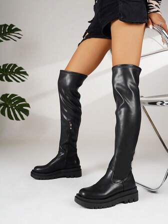 Botas para mujer de otoño/invierno, botas negras, botas para mujer, diseño con cremallera lateral, botas hasta la rodilla con suela gruesa y punta redonda, para fiesta