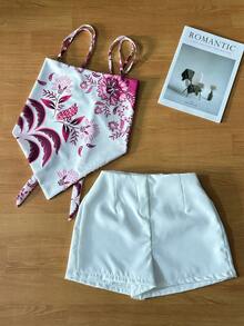 Women's Elegant Sleeveless Blouse With Floral Print And Special Effect, Matching Plain Shorts, Two-Piece Set - Màu Hồng Tươi - Xem 1