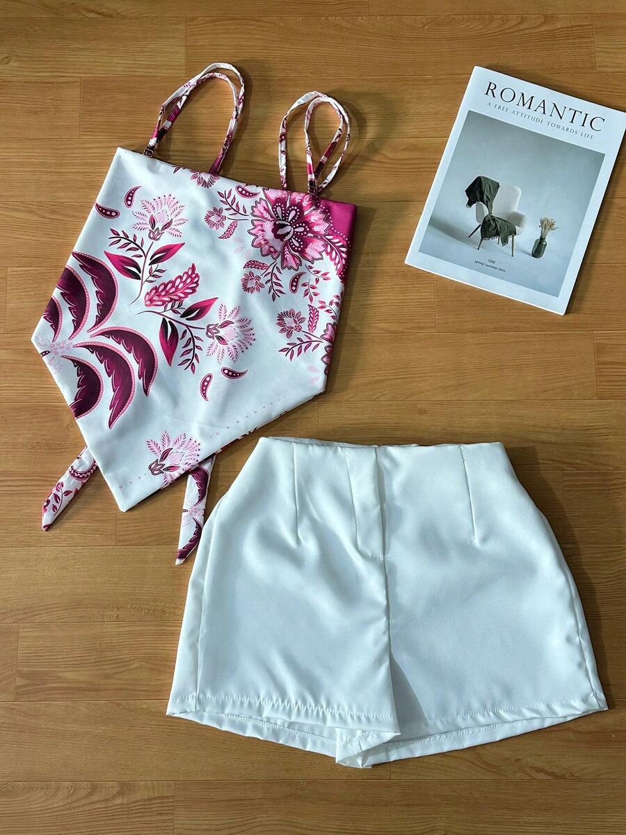 Women's Elegant Sleeveless Blouse With Floral Print And Special Effect, Matching Plain Shorts, Two-Piece Set - Màu Hồng Tươi - Xem 1