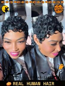 Krótka peruka typu Pixie Cut z 100% ludzkich włosów, krótka, kręcona peruka typu Pixie Cut z grzywką - przyjazna dla początkujących, bezklejowa, maszynowo wykonana peruka z naturalnych włosów o gęstości 180%, z czepkiem z siateczki różanej, do codziennego noszenia, wygodna, krótka peruka typu Pixie Cut na kostiumy na Halloween