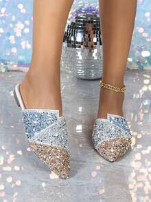 女士时尚水钻和珍珠装饰一脚蹬穆勒鞋，尖头，舒适休闲平底拖鞋，加大码 - 彩色 - 查看 9