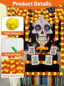 2PCS/3PCS/4PCS/6PCS/8PCS 万寿菊花环用于装饰，5 英尺长红黄色人造万寿菊花串排灯节装饰用于 Pooja、婚礼、家居装饰 - Red Yellow - 查看 3