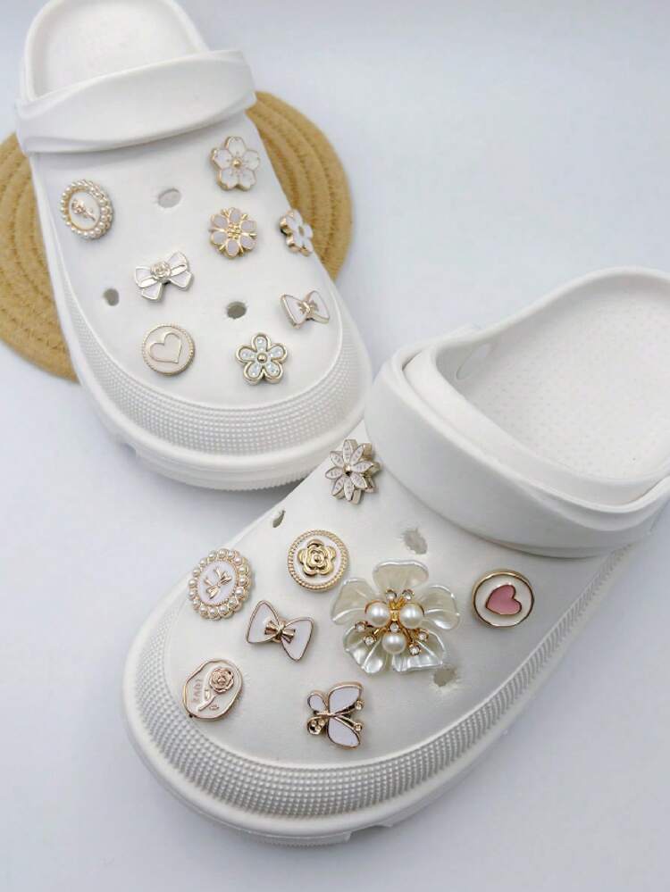 16件白色珍珠花朵、蝴蝶、心形鞋饰，适用于鞋履配件、腕带、拖鞋、DIY - 彩色 - 查看 2