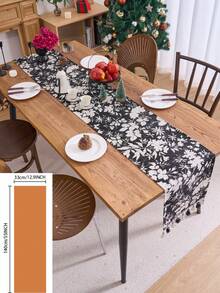 1 buc. Față de masă jacquard cu ciucuri și motive florale negre, față de masă dreptunghiulară în stil vintage american rustic, potrivită pentru zi cu zi, sărbători, reuniuni de familie, nunți, banchete, decorațiuni interioare, consumabile hoteliere de înaltă calitate, ceai de după-amiază - Negru - Vizualizare 20