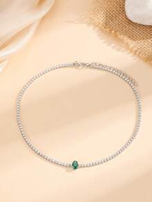 1件绿色水滴形闪亮立方氧化锆项链，时尚颈链，送给女性、女孩、毕业生、闺蜜、女友、生日的礼物 - 銀色綠水滴 - 查看 2