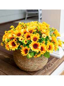 1 ramo (con 24 cabezas de flor en cada ramo) de ramos de girasoles artificiales. Hechos de plástico y en un estilo rústico y pastoril, estos ramos se pueden usar para la decoración de la sala de estar, la decoración del hogar y la decoración de bodas.