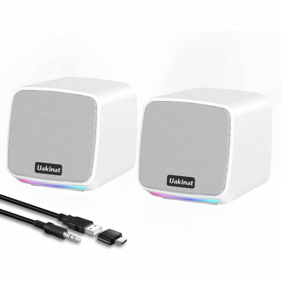 Computer Speakers, Computer Speakers Desktop PC, Desktop Speakers, USB Powered 3.5mm Aux Speaker PC, Laptop, Tablet, PhoneWhite - Initial - View 1