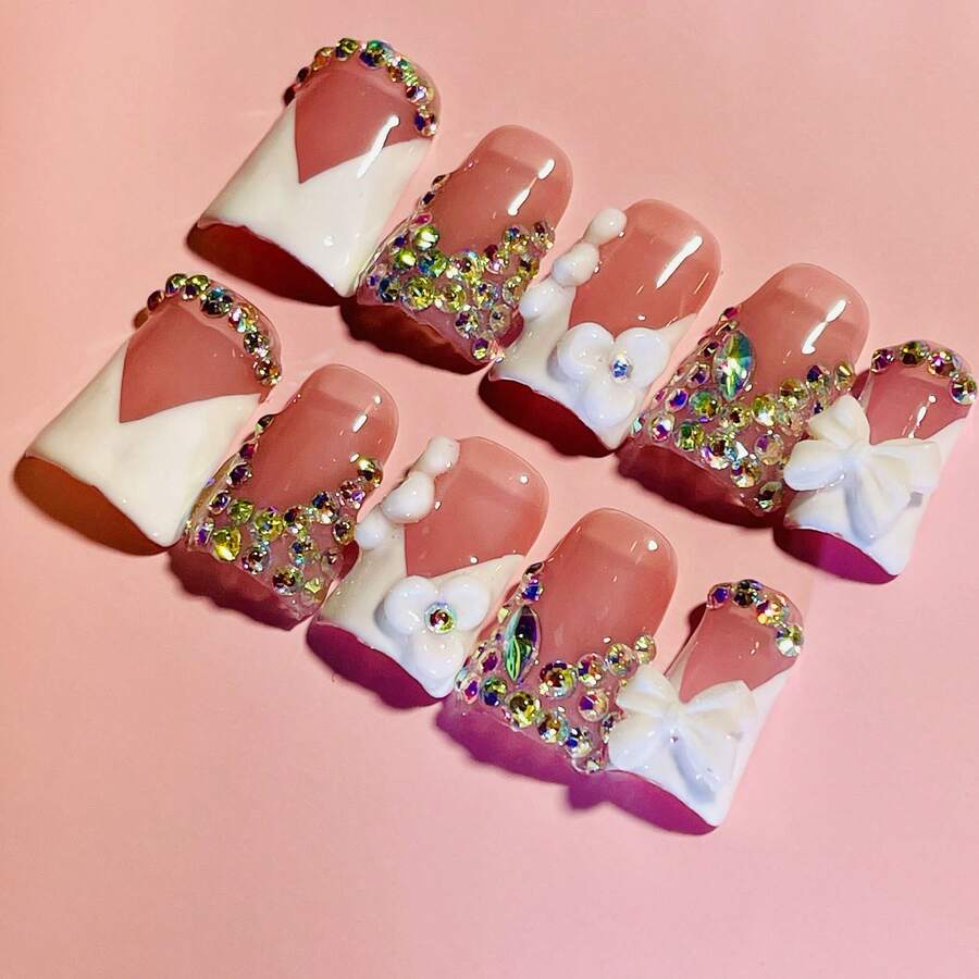 NailLuxe 10 PCS Handmade Duckbill Press - On Nails | Sparkly Accent Sparkle With Acrylic Sparkly Details, Crystal Clusters & Shiny Designs - White - View 1