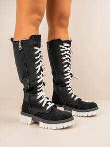 Winter Lace Up Knee High Boots With Chunky Outsole - Black - View 3
