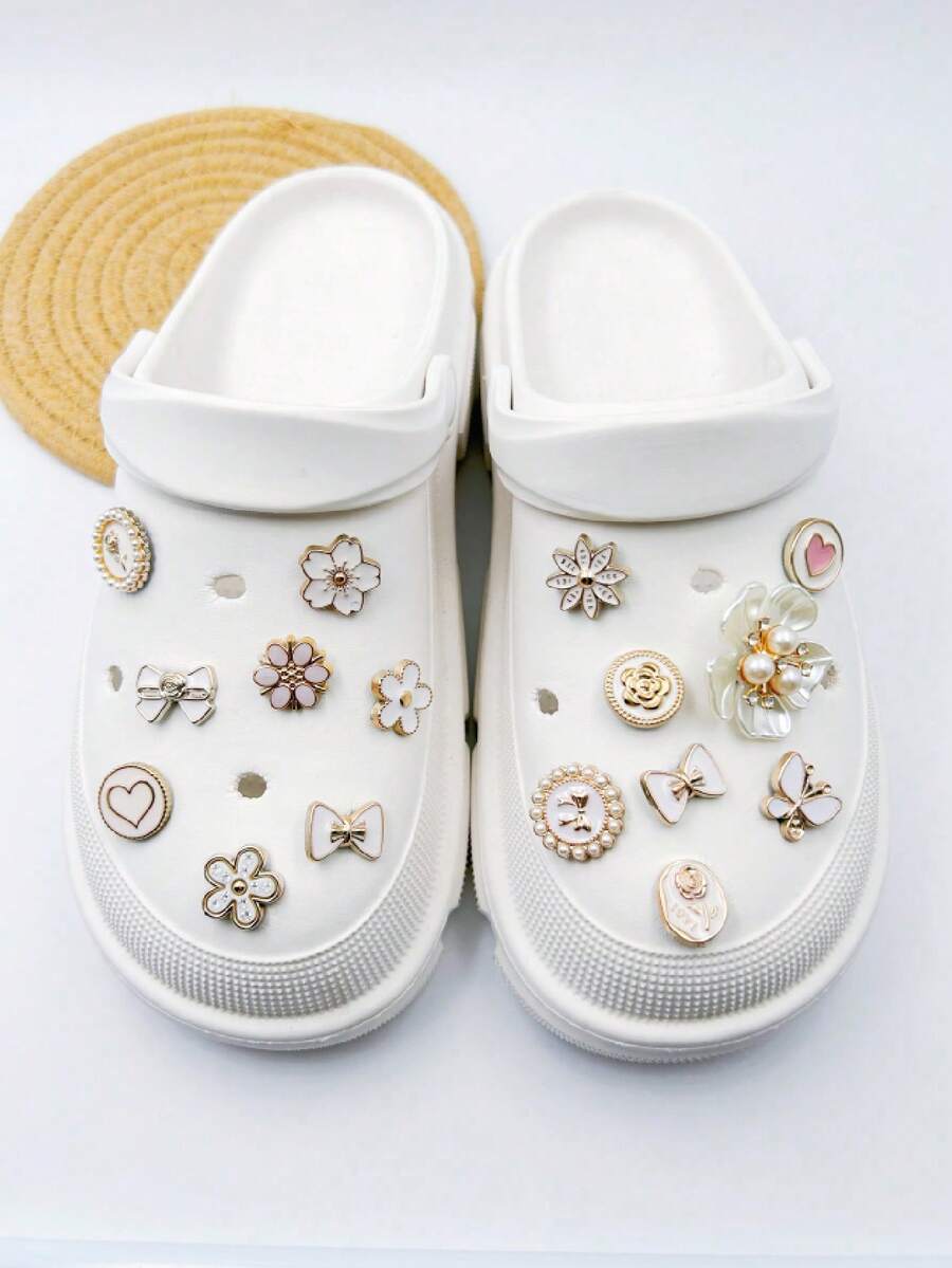 16pcs White Pearl Flower, Butterfly, Heart Shaped Shoe Decorations, Suitable For Shoe Accessories, Wristbands, Slippers, DIY - Multicolor - View 1