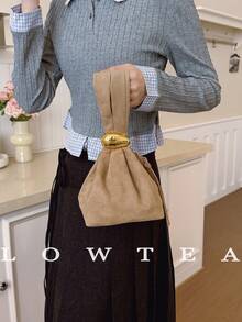 low tea 1pc Solid Color Suede Fabric Handbag For Women, Personalized Mini Cloud Pleated Bag With Metal Decor Zipper Closure, Suitable For Daily And Outing Use - Khaki - View 6