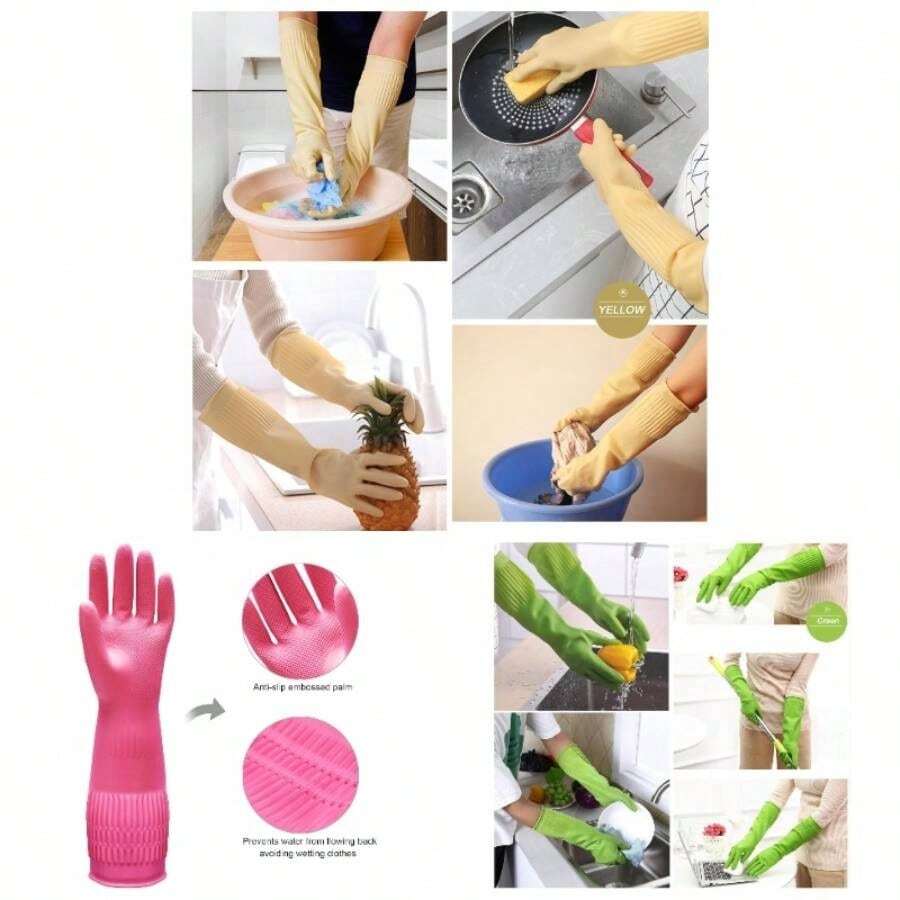 3 Pairs Of Rubber Dishwashing Gloves Kitchen And Household Cleaning U2013 Long Cuff 15 Reusable, Flexible Long - Lasting And Non - Slip Red+Yellow+Green, Medium - 大號+紅+黃+綠 - 查看 1