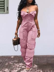 Sweet And Cool Fashion Women's Y2K Style Workwear Jumpsuit, Denim Jumpsuit, Denim Workwear, Mid Waist Non Elastic, Waist Cinching And Hip Lifting, Loose And Slimming, Suitable For All Seasons, Paired With Multi Pocket Design,  And Cool, Suitable For Back To School Season, Hot Girls, Work, Outdoor Work, Outdoor Activities, Travel, Streets, Nightclubs, Parties, Fashion Shows - 粉色 - 查看 4