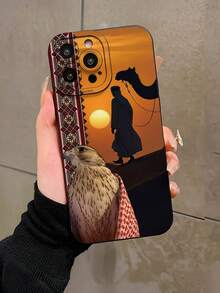 1pc Desert Style Patchwork Camel & Eagle Design Phone Case: Fashionable, Personalized, Soft Touch, Waterproof, Durable, Anti-Pollution, With Camera Protection. A Perfect Gift For Yourself, Family, Colleagues, And Loved Ones. Suitable For IPhone 17, 16, 15, 14, 13, 12, 11 PRO/PRO MAX/PLUS And Galaxy Series