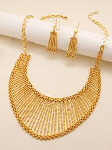 3pcs Minimalist Metal Copper Gold Jewelry Set - Includes Necklace, Earrings And Chain. Suitable For Women As Accessories For Weddings, Parties And Other Occasions - Yellow Gold - View 1