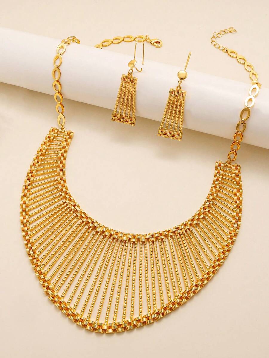 3pcs Minimalist Metal Copper Gold Jewelry Set - Includes Necklace, Earrings And Chain. Suitable For Women As Accessories For Weddings, Parties And Other Occasions - Yellow Gold - View 1