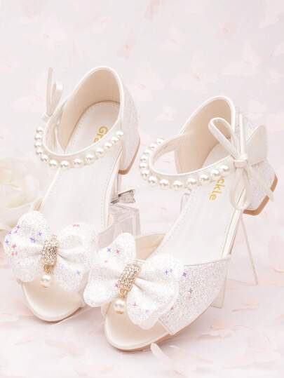 1双女童蝴蝶结PU系带高跟公主凉鞋，适合生日、演出、公主风婚礼、派对和拍照等场合