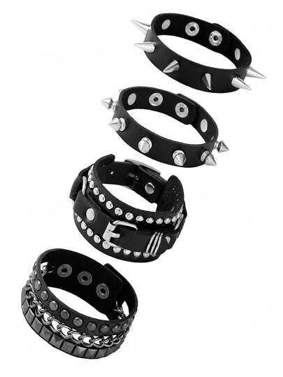 1/4 قطعة أساور مطرزة بالمسامير والدبابيس بطراز بانك من الجلد الاصطناعي للرجال، أساور جلد اصطناعي سوداء متعددة الطبقات مضفرة، أساور بانك جوتيك للرجال والنساء، قد تكون هناك اختلافات طفيفة في اللون، يرجى الرجوع إلى المنتج المستلم الفعلي للدقة