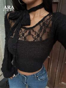 ARA CHIC Black Striped Lace Camisole, Slightly Sheer Effect, Showcases A Pure And Charming Style, Fitted Long Sleeve Top, Suitable For Dates And Office Occasions, Spring New Arrival - Black - View 3