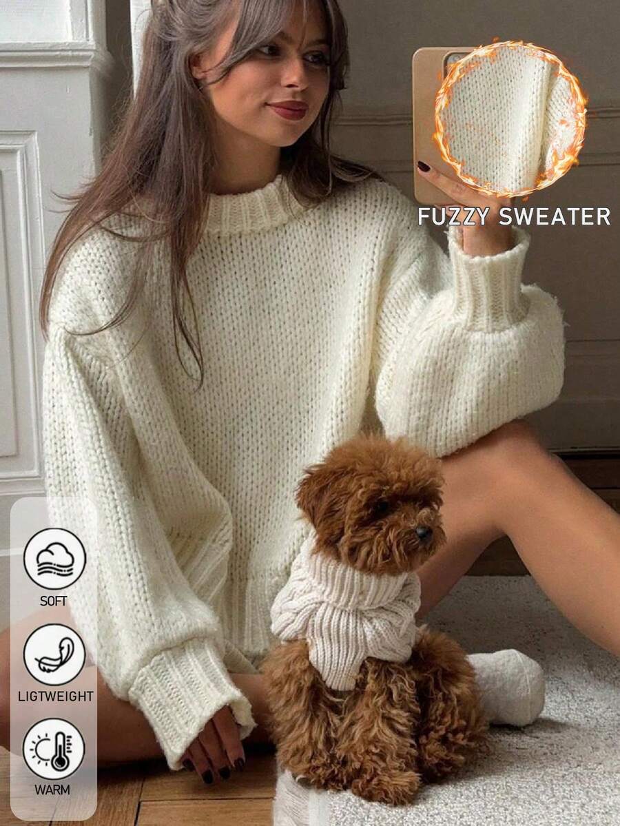 Series Round Neck Solid Color Casual Loose Knit Pullover Top For Girls - White - View 1