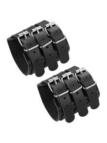 Xiacheng 1/2pcs Adjustable Black Punk Rock Style Triple-Layer PU Leather Bracelet, Punk Wristband Suitable For Men, Couples And Parties - Three-buckle Leather Bracelet - View 6