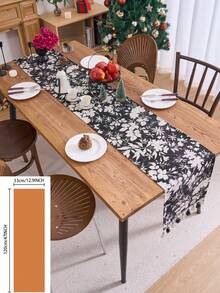 1 buc. Față de masă jacquard cu ciucuri și motive florale negre, față de masă dreptunghiulară în stil vintage american rustic, potrivită pentru zi cu zi, sărbători, reuniuni de familie, nunți, banchete, decorațiuni interioare, consumabile hoteliere de înaltă calitate, ceai de după-amiază - Negru - Vizualizare 21