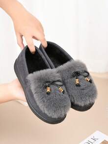 New Women Fashion Personalized Fluffy Warm Minimalist Solid Color Indoor Outdoor Travel Vacation Home Slippers, Thick Plush Slip-On Cozy Soft Bottom Casual Outdoor Wear Shoes For Winter - Grey - View 11